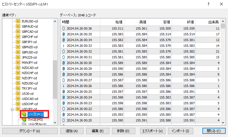 MT4ヒストリーセンターで「インポート」をクリックする画面