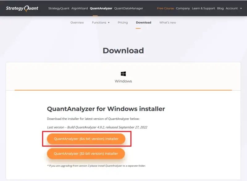 Quant AnalyzerのOS選択ダウンロード画面
