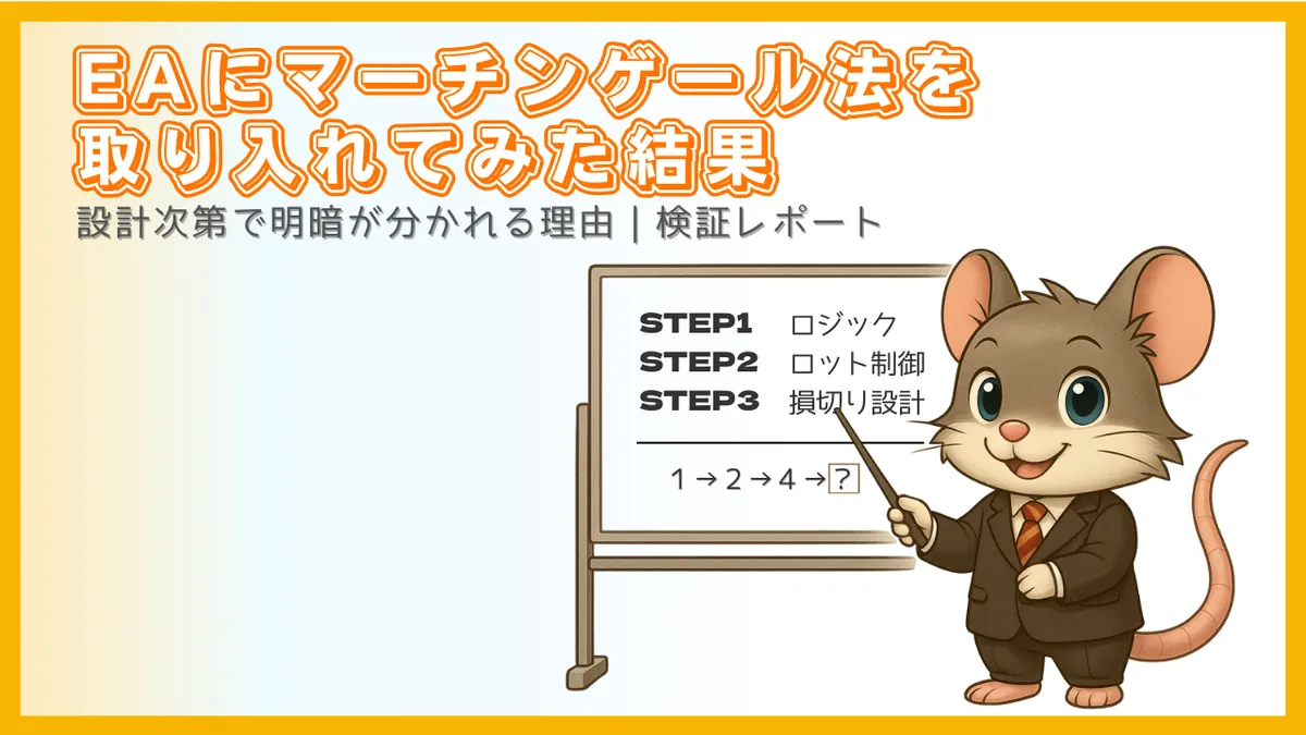 EAにマーチンゲール法を組み込んだ検証結果を、ロジック・ロット制御・損切り設計の3ステップと倍率推移で示した図解アイキャッチ