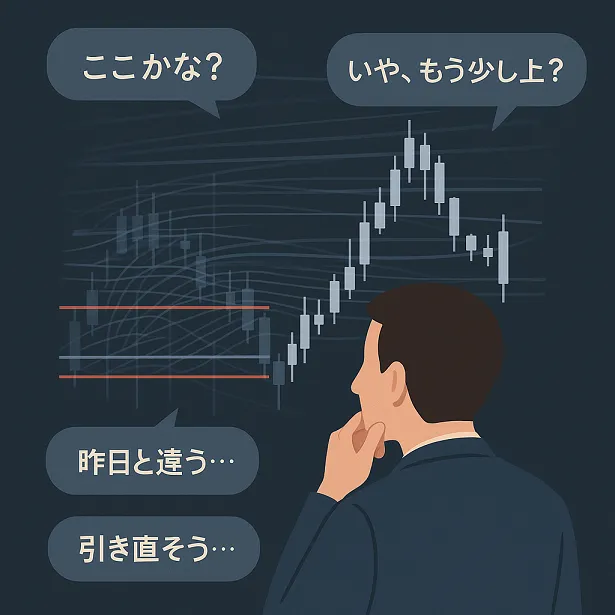 FXトレーダーがサポートラインとレジスタンスラインの判断に迷い、複数のラインが重なったチャートを前に思考が定まらない状態を示した図解