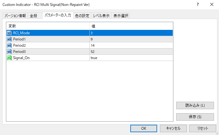 RCI Multi Signalインジケータのパラメータ設定画面(Period・Mode・Signal設定)