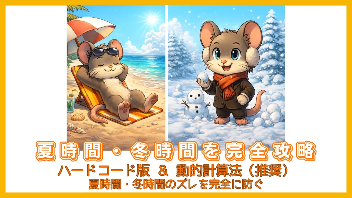 夏時間と冬時間を対比したデグーキャラクターのイラストで、MQL4のサマータイム判定とGMT変換を解説する記事用アイキャッチ画像。