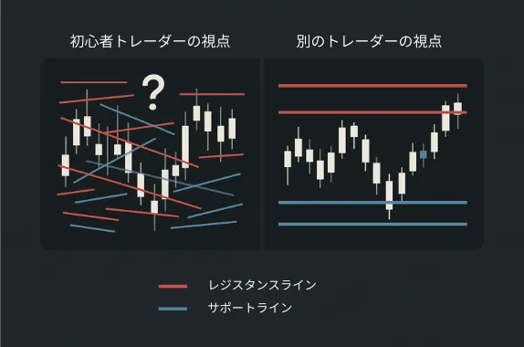 同じUSDJPYチャートでもサポートラインとレジスタンスラインの引き方が人によってズレることを示した比較図