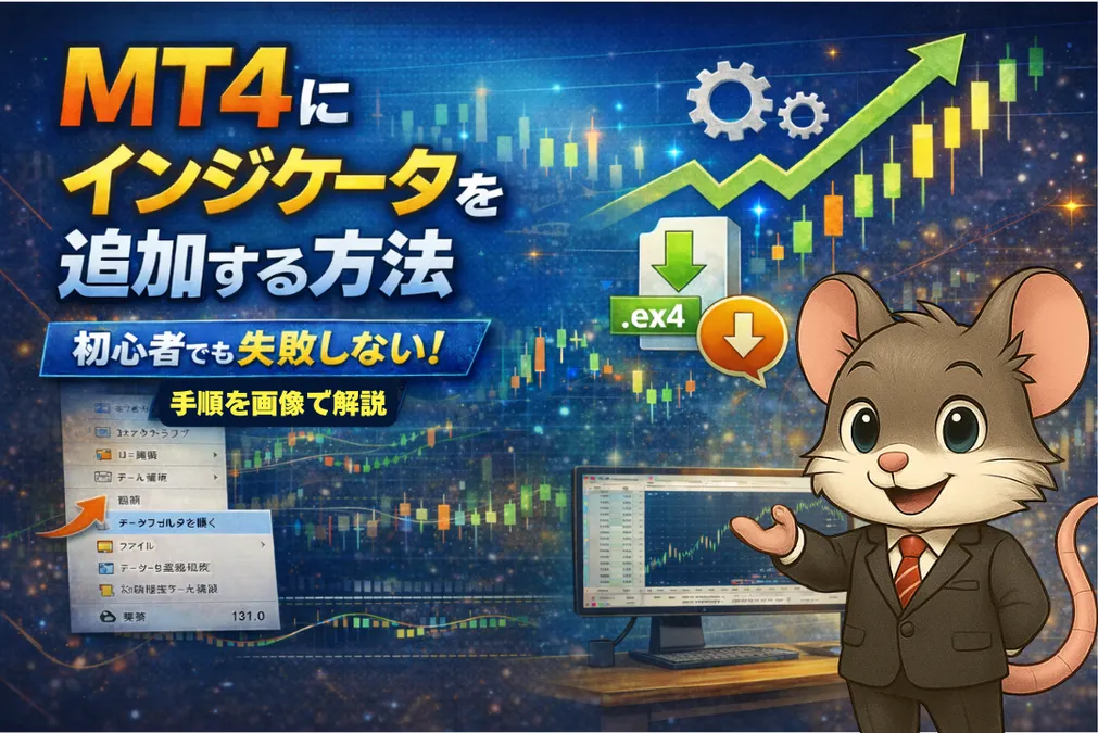 MT4にインジケーターを追加する手順を解説した初心者向けイメージ。ex4ファイルの配置方法とチャート表示の流れを図解している