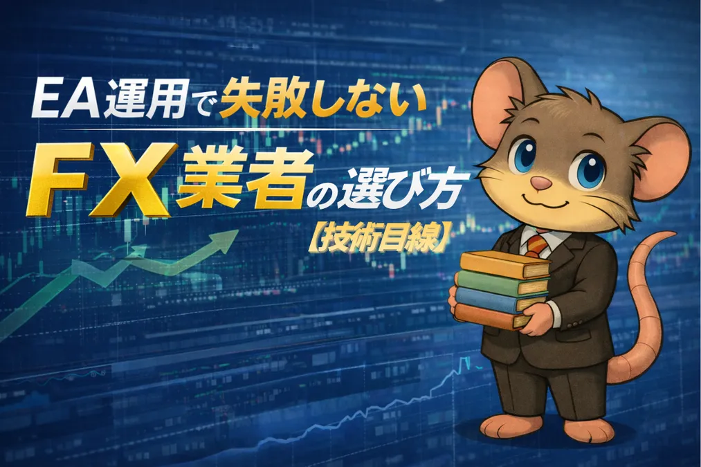 EA運用で失敗しないFX業者の選び方を技術目線で解説する記事のアイキャッチ画像。スーツ姿のマウスキャラクターとチャート背景を使用。