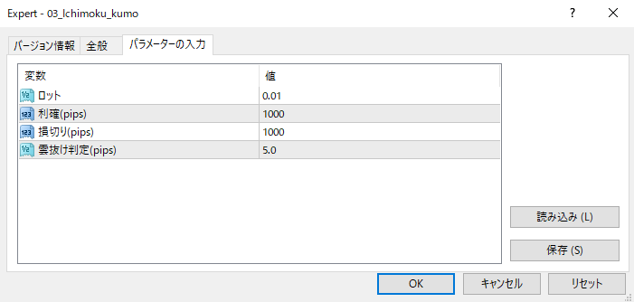 一目均衡表EA(雲判定)のパラメータ設定画像