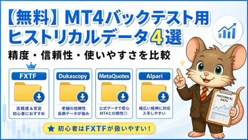 無料で使えるMT4バックテスト用ヒストリカルデータ4選を比較したアイキャッチ画像。FXTF・Dukascopy・MetaQuotes・Alpariの特徴と、初心者にはFXTFが扱いやすいことをデグーマウスのマスコットと比較カードで表現しています。