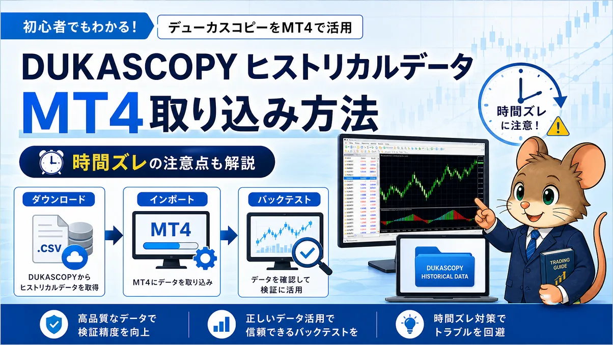 DukascopyのヒストリカルデータをMT4へ取り込む手順を解説したアイキャッチ画像。データ取得、MT4へのインポート、バックテスト、時間ズレの注意点をデグーキャラクターとチャート画面で表現している。