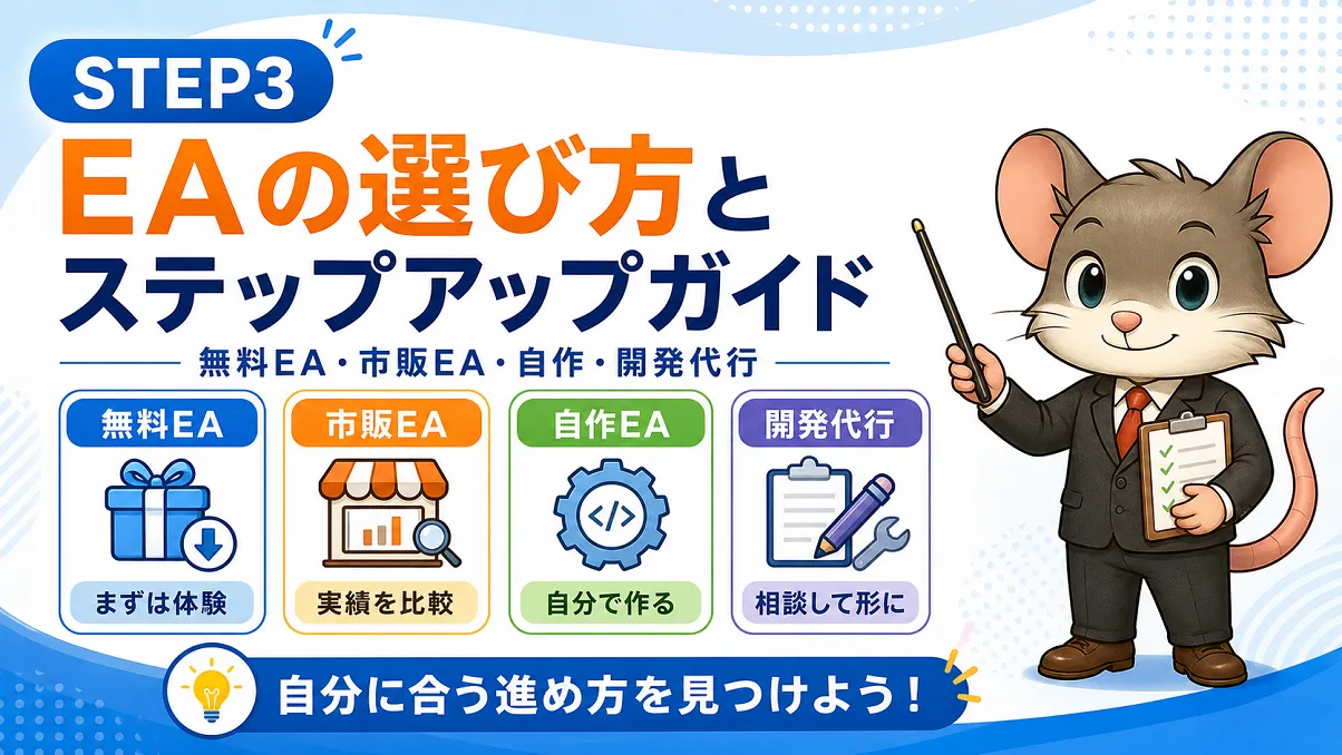 EAの選び方とステップアップガイドとして、無料EA、市販EA、自作EA、開発代行の4つの進め方をデグーマウスが解説しているアイキャッチ画像