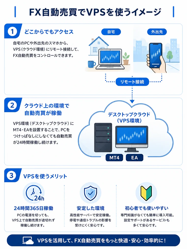 FX自動売買でVPSを使う仕組みを解説した図解。自宅PCや外出先のスマホからリモート接続し、VPS上でMT4・EAを稼働する流れを示しています。