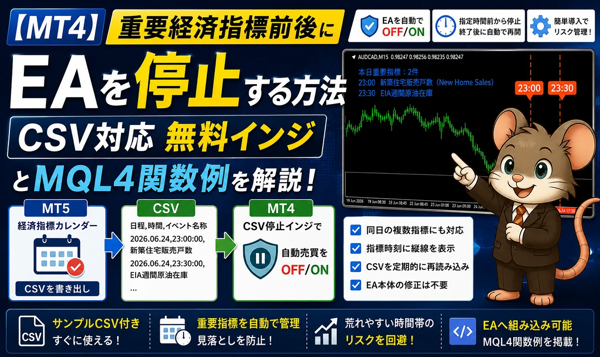 MT4で重要経済指標前後にEAを停止するCSV対応無料インジとMQL4関数例のアイキャッチ画像