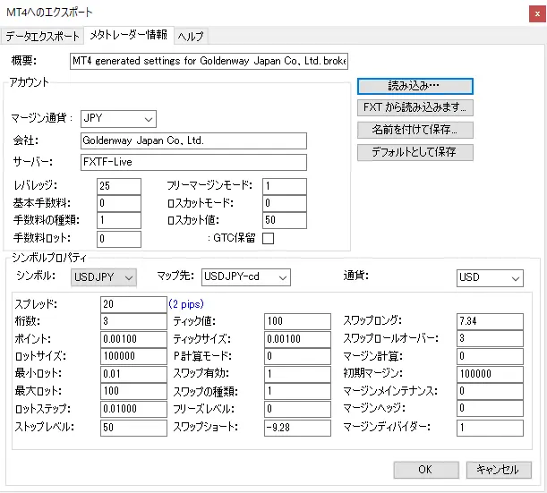 TickstoryにMT4の設定ファイルを読み込んだ画面