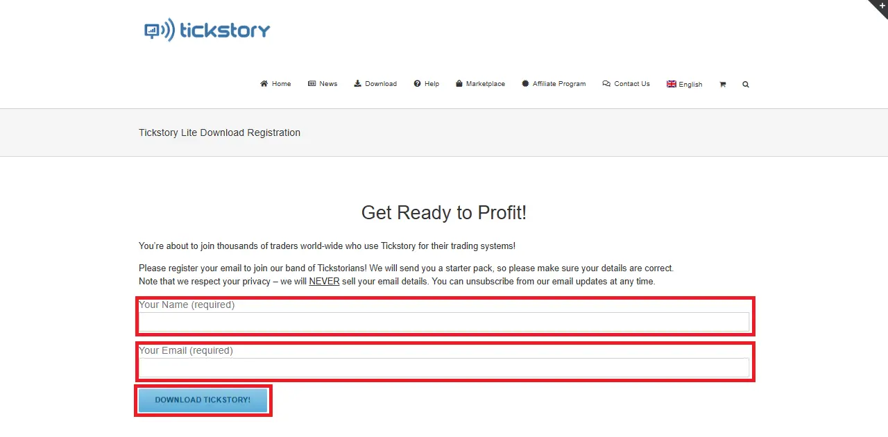 Tickstory Liteのダウンロード登録画面で名前とメールアドレスを入力する