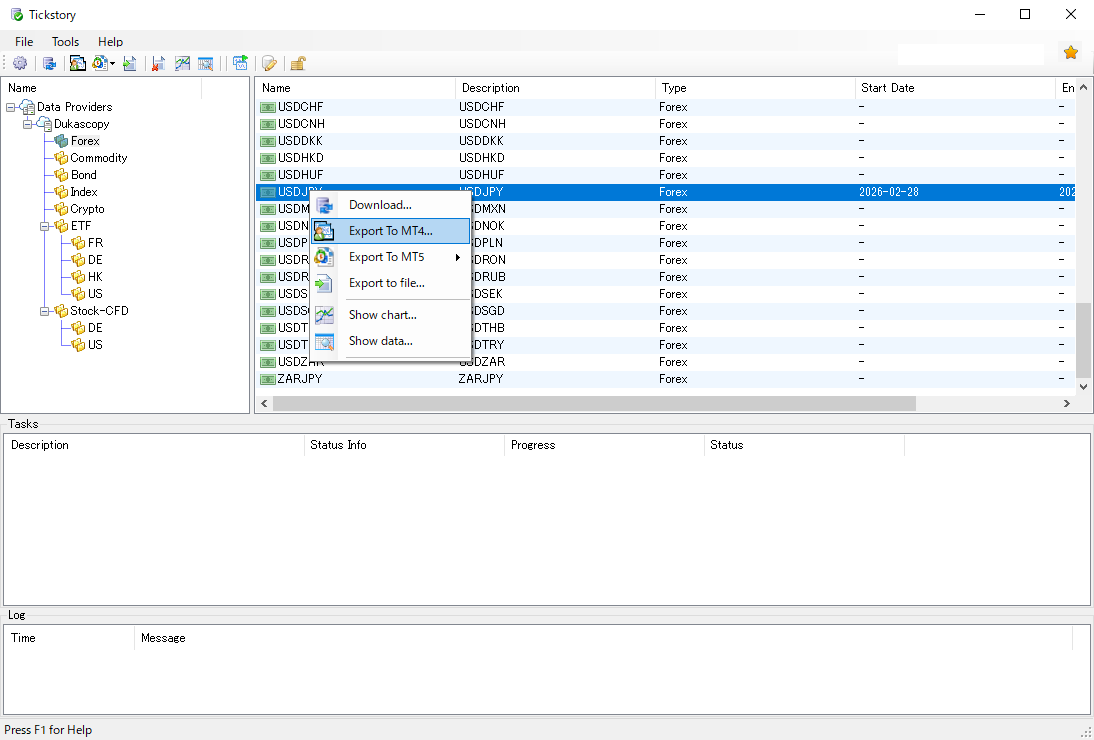 Export USDJPY from Tickstory to MT4 Tickstory showing the Export To MT4 option for USDJPY