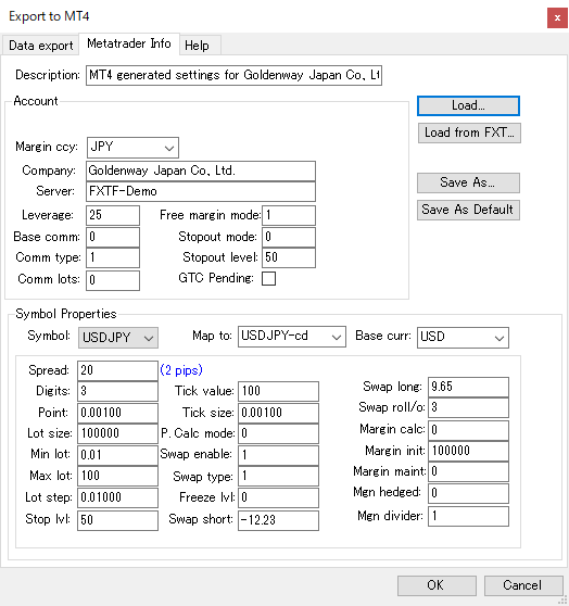 Load MT4 broker settings into Tickstory Tickstory MetaTrader Info showing broker settings and USDJPY symbol mapping