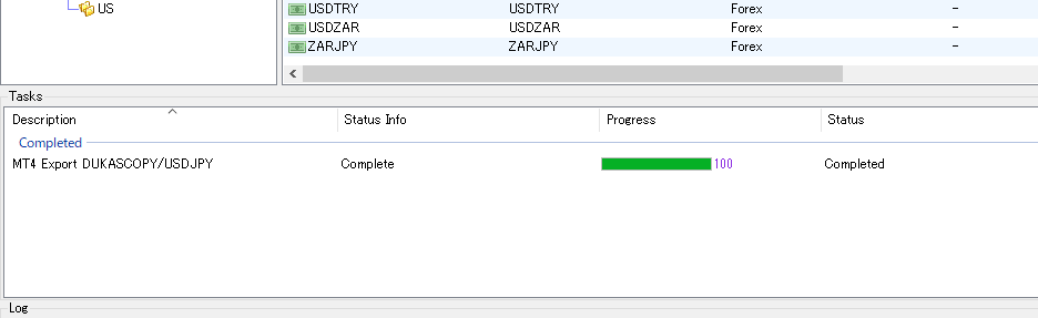 Tickstory MT4 tick data export completed Tickstory MT4 export completed at 100 percent