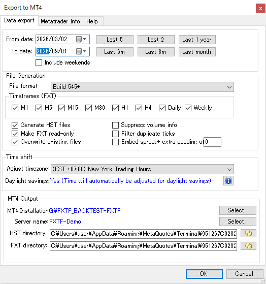 Configure Tickstory MT4 export date range and time zone Tickstory MT4 export settings with date range and New York Trading Hours